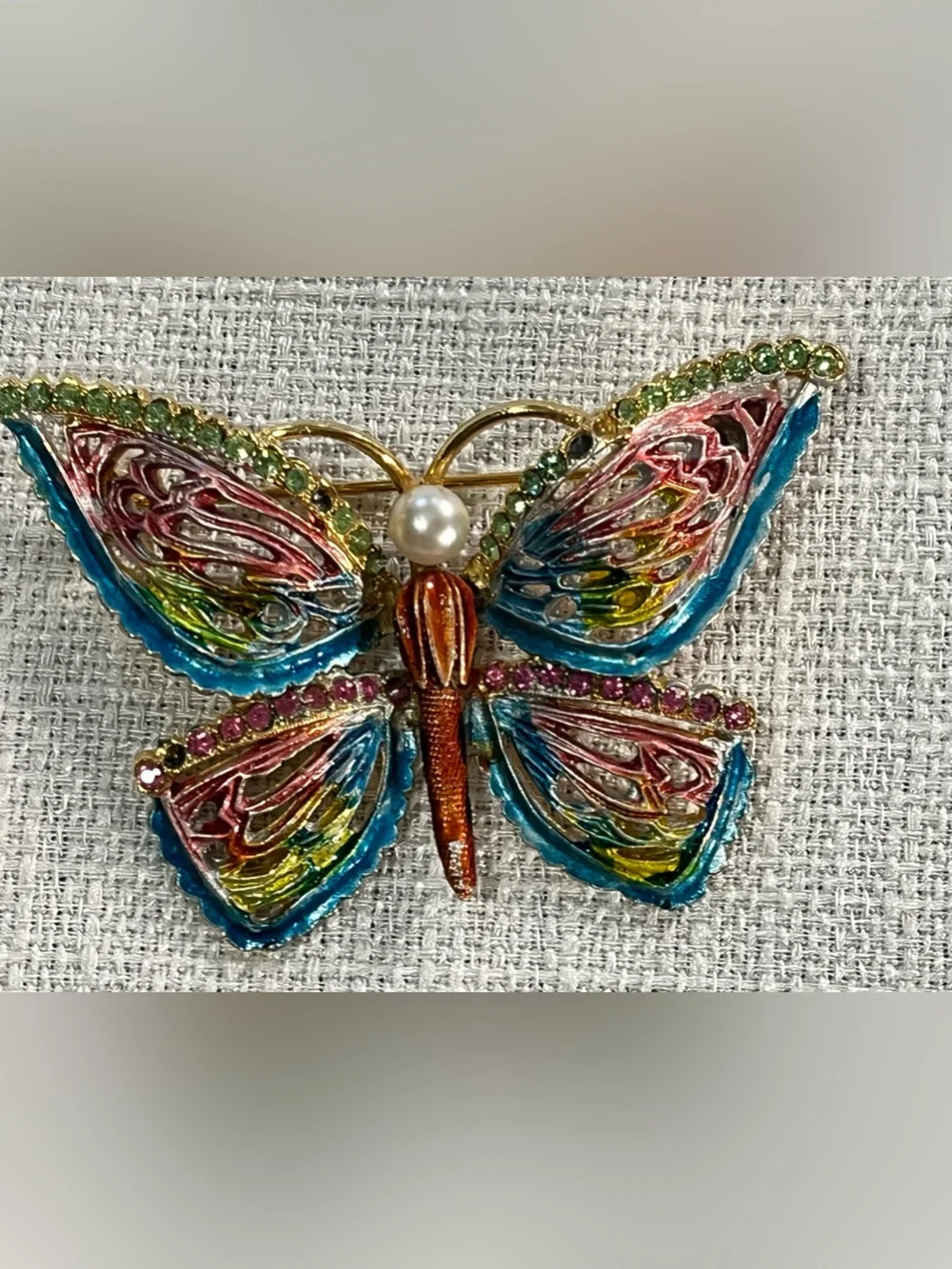 Colorful Enamel Butterfly Brooch with Pearl Accent Gold Toned Vintage